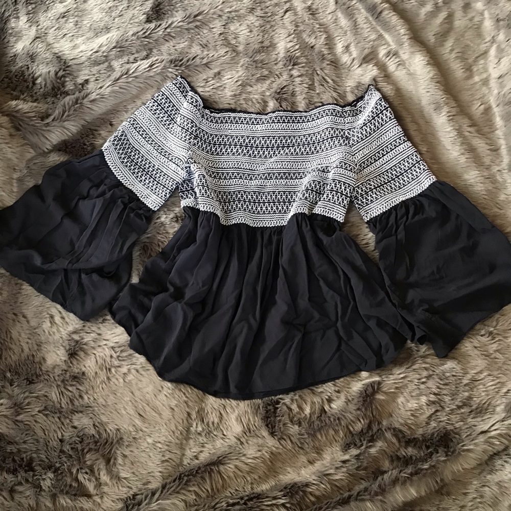 Ecru Embroidered Off-Shoulder Bell Sleeve Top